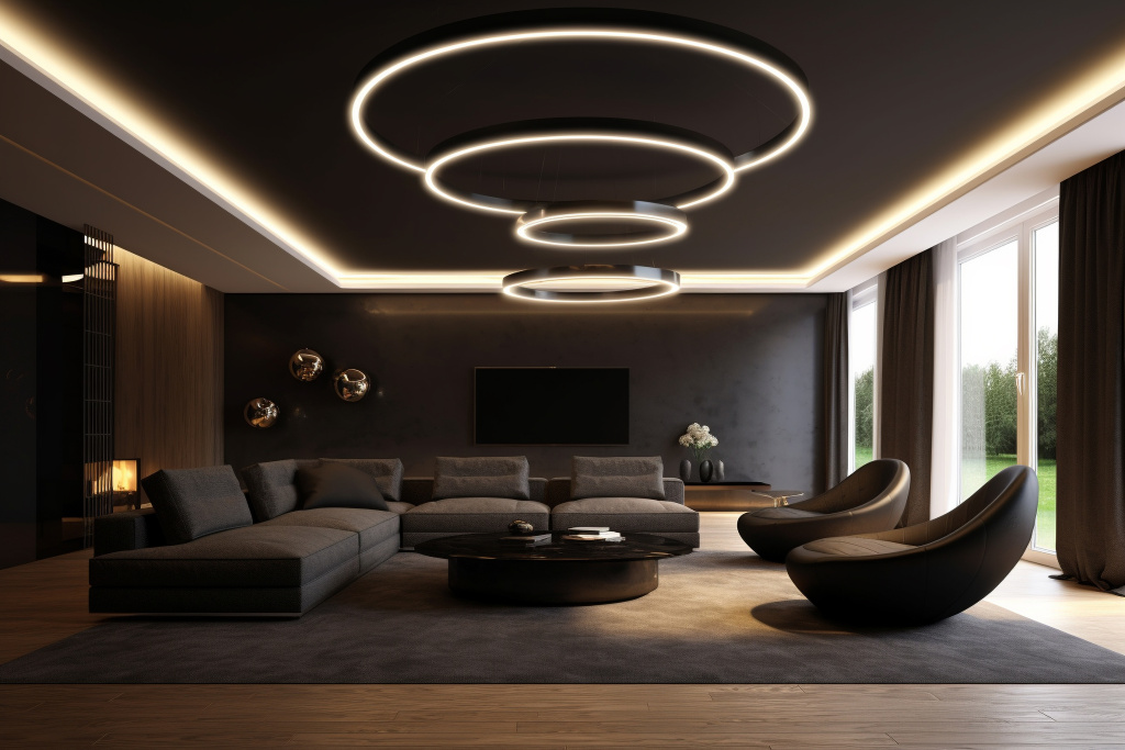 Modernes Wohnzimmer mit runder Deckenbeleuchtung und großer Couch