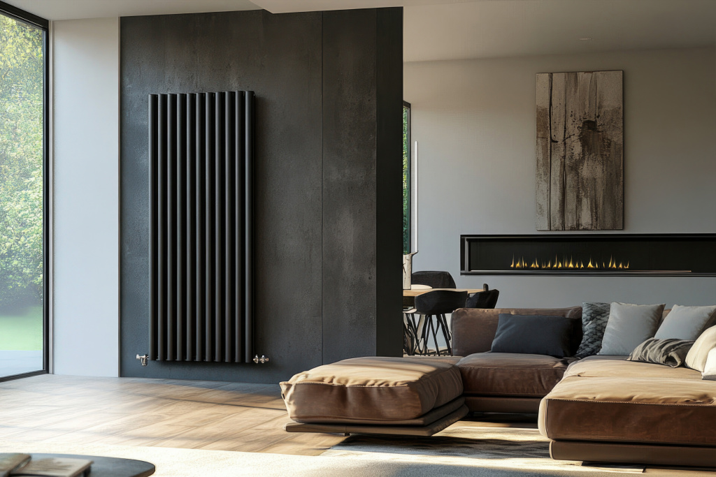 Modernes Wohnzimmer mit Kamin und großer Couch